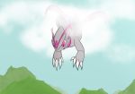 4_fingers cloud dragon fairy flying grey_skin mountain open_mouth pink_eyes prime-l primeleap simple_background sky smile solo vagoncho 