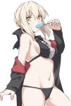  1girl artoria_pendragon_(all) artoria_pendragon_(swimsuit_rider_alter) bangs bikini black_bikini black_bow black_ribbon blonde_hair bow braid breasts commentary_request eating eyebrows_visible_through_hair fate/grand_order fate_(series) food frills hair_bow in_mouth jacket looking_at_viewer maid_bikini maid_headdress medium_breasts navel popsicle ribbon shiseki_hirame short_hair simple_background solo sweatdrop swimsuit thighhighs white_background yellow_eyes 