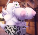  &lt;3 abstract_background big_breasts blush breasts bucket clothing cowbell cowprint erect_nipples female fluffy hi_res huge_breasts hyper hyper_breasts lactating legendary_pok&eacute;mon leggings legwear megustalikey milk nintendo nipples overweight pok&eacute;mon pok&eacute;mon_(species) remadi reshiram slightly_chubby smile solo text thick_thighs video_games 