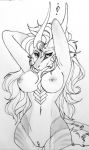  anthro ayuukuro breasts curvaceous dragon female hair hands_behind_head hi_res horn inverted_nipples looking_at_viewer nipples pussy solo traditional_media_(artwork) wide_hips 
