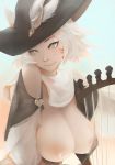 1girl animal_ears aqua_eyes bard covered_nipples detached_sleeves feathers final_fantasy final_fantasy_xiv gray_bear harp hat instrument lactation looking_at_viewer miqo&#039;te one_breast_out puffy_nipples short_hair slit_pupils smile solo white_hair 