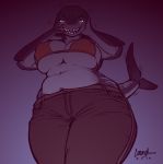  &lt;3 anthro big_breasts bikini blush breasts clothed clothing female fish greasymojo hair hi_res looking_at_viewer low-angle_view marine nipple_outline overweight overweight_female shark smile solo standing swimwear under_boob voluptuous 