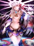  1girl armor bangs bare_shoulders bikini_armor breasts earrings eyebrows_visible_through_hair fate/grand_order fate_(series) grin hair_between_eyes hair_ribbon hand_up highres jewelry kama_(fate/grand_order) large_breasts light_particles long_hair looking_at_viewer omoti_(1201208) red_eyes red_ribbon ribbon silver_hair smile solo thighhighs 