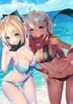  2girls absurdres ahoge aqua_eyes bikini black_bikini black_scarf blonde_hair blue_bikini blush breasts cekonikova dark_skin fate/grand_order fate_(series) grey_hair hair_between_eyes hair_ribbon highres koha-ace large_breasts looking_at_viewer medium_breasts multiple_girls navel okita_souji_(alter)_(fate) okita_souji_(fate) okita_souji_(fate)_(all) red_scarf ribbon scarf short_hair signature swimsuit yellow_eyes 