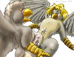  animal_genitalia anthro avian beak cum cum_on_pussy cum_on_stomach duo erection feathered_wings feathers female fur gryphon hi_res humanoid_penis male male/female nude penis pussy rei_vagan sex sheath simple_background wings 