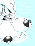  &lt;3 2019 anthro areola belly big_breasts bite biting_lip black_collar black_nipples black_sclera blue_eyes blush breast_grab breast_squeeze breasts cleavage clothed clothing collar cute_fangs dialogue digital_media_(artwork) disembodied_hand dragon english_text female fluffy fur hand_on_breast huge_breasts legendary_pok&eacute;mon lips mature_female nintendo nipples pok&eacute;mon pok&eacute;mon_(species) rebornisaac reshiram self_bite simple_background smile text video_games white_fur 