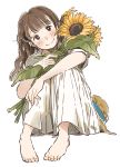  1girl absurdres bangs barefoot blush bouquet brown_eyes commentary_request flower hat hat_removed head_tilt headwear_removed highres holding holding_bouquet kana_(okitasougo222) knees_up long_hair looking_at_viewer original short_sleeves simple_background skirt smile solo straw_hat sunflower white_background white_skirt 