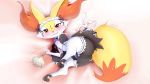  16:9 2019 absurd_res blush bottomless braixen butt canid canine chest_tuft choker clothed clothing crown edit embarrassed eryz feather_duster featureless_crotch female fur hi_res inner_ear_fluff laying_on_bed legwear looking_at_viewer maid_headdress maid_uniform mammal multicolored_tail nintendo pawpads pok&eacute;mon pok&eacute;mon_(species) ribbons simple_background smile solo stockings tiara topwear tuft uniform video_games white_fur xxrarity1x17 