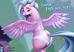  2019 avian beak blurred_background butt clothing dialogue english_text feathered_wings feathers female friendship_is_magic hi_res hippogryph mercurial64 my_little_pony panties silverstream_(mlp) solo spread_wings text underwear wings 