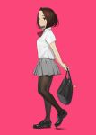  1girl bag black_legwear bob_cut brown_eyes brown_hair commentary_request full_body grey_skirt loafers looking_at_viewer mid-stride miru_tights moegi_homi pantyhose pink_background pleated_skirt school_bag school_uniform shirt shirt_tucked_in shoes short_hair short_sleeves simple_background skirt solo walking white_shirt yomu_(sgt_epper) 