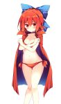  1girl bangs bikini blue_bow blush bow breasts cape cleavage collarbone commentary_request covering covering_breasts eyebrows_visible_through_hair feet_out_of_frame groin hair_between_eyes hair_bow highres looking_at_viewer maturiuta_sorato medium_breasts navel red_bikini red_cape red_eyes red_hair ribbon-trimmed_bow ribbon_trim sekibanki short_hair side-tie_bikini simple_background solo standing stomach swimsuit thighs touhou white_background 