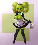  black_eyes blush breasts clothing ear_piercing ear_ring elfdrago feather_duster female green_skin hi_res humanoid legwear maid_uniform mario_bros mimi_(mario) nintendo nipples not_furry paper_mario piercing pigtails stockings uniform video_games 