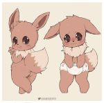  ambiguous_gender big_butt blush brown_eyes brown_fur butt cub diaper eevee embarrassed fluffy fur gesture hi_res looking_back neck_tuft nintendo paws pok&eacute;mon pok&eacute;mon_(species) ruugiaruu semi-anthro simple_background smile solo standing tan_fur tongue tongue_out tuft v_sign video_games young 