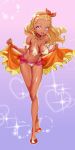  1girl amamiya_erena bikini blonde_hair breasts choker cleavage covered_nipples dark_skin earrings full_body hair_ornament hairband highres jewelry large_breasts leaning_forward long_hair looking_at_viewer mole mole_under_eye navel ontaros open_mouth precure purple_eyes shiny shiny_hair shiny_skin smile solo standing star_twinkle_precure swimsuit teeth yellow_bikini 