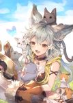  1girl ahoge animal_ears brown_eyes bug butterfly cat claw_(weapon) collar erune fangs flower granblue_fantasy grey_hair hair_flower hair_ornament insect sen_(granblue_fantasy) weapon 