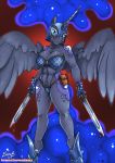  2019 absurd_res anthro armor bite biting_lip cutie_mark empressbridle equid eyelashes female friendship_is_magic headgear helmet hi_res holding_object holding_weapon horn lips mammal melee_weapon my_little_pony nightmare_moon_(mlp) self_bite simple_background solo sword weapon winged_unicorn wings 