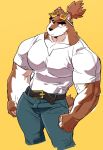  2019 anthro black_nose canid canine cartuja clothing epic7 eyewear fur goggles hair hi_res looking_at_viewer male mammal multicolored_fur muscular muscular_male pecs simple_background syukapong 