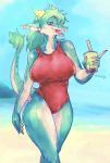  absurd_res anthro blue_sky blurred_background clothing day dragon ear_piercing ear_ring female green_hair green_scales hair hi_res looking_at_viewer piercing pink_eyes portrait red_clothing red_swimwear sand scales scalie sky slit_pupils solo sususuigi swimwear tail_tuft tan_scales three-quarter_portrait tuft water 