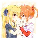  2girls blonde_hair blue_eyes blush collarbone couple eye_contact fate_testarossa hand_kiss happy holding_hands kiss long_hair looking_at_another lyrical_nanoha mahou_shoujo_lyrical_nanoha mahou_shoujo_lyrical_nanoha_a&#039;s multiple_girls neck orange_hair red_eyes short_hair short_twintails smile takamachi_nanoha twintails two-tone_background yuri 