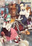  2girls bag bench bird blonde_hair blue_hair bonnet car cigarette city green_eyes ground_vehicle handbag looking_at_viewer luggage motor_vehicle multiple_girls original outdoors purple_eyes reading seagull xi_zhujia_de_rbq 