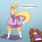  anthro big_butt butt clothed clothing digimon digimon_(species) female fur hair hi_res huge_butt kingofacesx looking_back offscreen_character renamon renee_lotice simple_background standing thick_thighs 