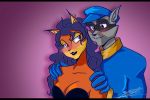  anthro babblingbrookebutler blue_hair blush breasts canid canine carmelita_fox clothed clothing duo female fox fur hair male mammal piercing procyonid raccoon romantic_couple sly_cooper sly_cooper_(series) sony_corporation sony_interactive_entertainment sucker_punch_productions video_games 