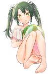  1girl anbutter_siruko ball barefoot beachball bikini collarbone commentary_request full_body green_hair hair_ribbon kantai_collection light_smile long_hair looking_at_viewer ribbon simple_background smile solo swimsuit twintails white_background white_bikini white_ribbon yellow_eyes zuikaku_(kantai_collection) 