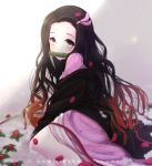  1girl absurdres artist_name bamboo bangs black_hair blurry blurry_foreground blush brown_hair commentary_request depth_of_field flower forehead from_side gradient gradient_background gradient_hair grey_background hair_ribbon highres japanese_clothes kamado_nezuko kimetsu_no_yaiba kimono lawnielle long_hair looking_at_viewer looking_to_the_side mouth_hold multicolored_hair off_shoulder parted_bangs petals pink_eyes pink_kimono pink_ribbon red_flower ribbon solo very_long_hair white_background 