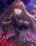  1girl bangs bodysuit breasts closed_mouth commentary covered_navel covered_nipples dual_wielding eyebrows_visible_through_hair fate/grand_order fate_(series) gae_bolg hisahisahisahisa holding light_particles lips long_hair looking_at_viewer medium_breasts pauldrons polearm purple_bodysuit purple_hair red_eyes red_hair revision scathach_(fate)_(all) scathach_(fate/grand_order) skin_tight solo spear standing static weapon 