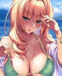  adjusting_hair bangs bare_shoulders beach bikini bikini_tug blonde_hair blue_eyes blue_sky blurry blurry_background blush bracelet breasts cleavage collarbone day eyebrows_visible_through_hair green_bikini jewelry large_breasts long_hair looking_at_viewer necklace ocean off_shoulder open_clothes open_mouth open_shirt original outdoors piromizu shirt sidelocks sky swimsuit tsurime upper_body wet 