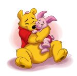  2019 anthro black_nose bottomless by-nc-nd clothed clothing creative_commons digital_media_(artwork) disney domestic_pig duo eyes_closed fur hi_res hug male mammal orlandofox piglet pink_fur plushie pooh_bear simple_background smile suid suina sus_(pig) ursid winnie_the_pooh_(franchise) yellow_fur 