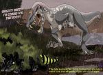  2019 baryonyx blue_sclera dialogue digital_drawing_(artwork) digital_media_(artwork) dinosaur duo_focus english_text group hiding isismasshiro one_eye_closed outside plant raining reptile scalie scared sharp_teeth shrub slit_pupils spinosaurid striped_tail stripes teeth text the_isle theropod water yellow_sclera 