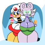  1:1 2018 antennae_(anatomy) anthro anthrofied big_breasts bikini black_eyes blue_background breasts clothed clothing dessert dewy-eyedboy digital_media_(artwork) dragon duo eyelashes female food goodra green_eyes hair hi_res ice_cream mammal mega_ampharos mega_evolution nintendo open_mouth pok&eacute;mon pok&eacute;mon_(species) simple_background smile swimwear thick_thighs video_games wide_hips 