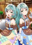  2girls :d apron aqua_hair back-to-back bang_dream! bangs bare_shoulders blue_dress blue_ribbon bow braid brown_shirt cafe checkered closed_mouth clothes_writing collar collarbone cuff_links detached_collar dress eyebrows_visible_through_hair feet_out_of_frame frills from_side green_eyes hair_bow hand_up highres hikawa_hina hikawa_sayo holding holding_hands holding_tray indoors long_hair looking_at_viewer maid maid_apron maid_headdress mia_(fai1510) multiple_girls neck_ribbon open_mouth parfait puffy_short_sleeves puffy_sleeves ribbon shirt short_hair short_sleeves siblings side_braid sidelocks smile standing star swept_bangs teeth tray twin_braids twins upper_teeth waist_apron 