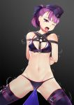  1girl arms_behind_back bangs bdsm bikini black_bikini black_legwear bondage bound fate/grand_order fate_(series) flat_chest helena_blavatsky_(fate/grand_order) helena_blavatsky_(swimsuit_archer)_(fate) highres navel one_eye_closed open_mouth ponytail purple_eyes purple_hair pussy_juice short_hair spread_legs swimsuit thighhighs tongue tongue_out wooden_horse yasume_yukito 