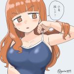  1girl adjusting_clothes adjusting_swimsuit bangs blunt_bangs blush breasts commentary_request eyebrows_visible_through_hair frown girls_und_panzer grey_background half-closed_eyes head_tilt highres large_breasts long_hair looking_at_viewer open_mouth orange_eyes orange_hair partial_commentary school_swimsuit solo standing swimsuit takebe_saori translated twitter_username upper_body v-shaped_eyebrows yabai_gorilla 