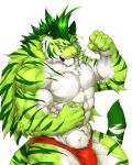  2019 5_fingers abs absurd_res anthro biceps captainjohkid clothing felid flexing fur green_fur green_hair hair hi_res long_hair looking_at_viewer male mammal mohawk_(hairstyle) muscular muscular_male orange_eyes pantherine simple_background smile solo sparkles speedo striped_fur stripes swimwear tiger 