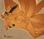  2018 anthro asian_mythology bedroom_eyes black_nipples black_nose breasts canid canine crossgender east_asian_mythology erection female fluff-kevlar fox fox_spirit fur half-closed_eyes kurama looking_at_viewer mammal markings multi_tail mythology naruto nipples nude orange_fur red_eyes seductive simple_background solo tailed_beast teeth 