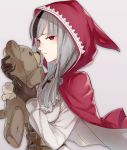  1girl animal_ears belt black_gloves black_hair black_pants fire_emblem fire_emblem_if gloves grey_background grey_hair haru_(nakajou-28) hood long_hair long_sleeves looking_at_viewer multicolored_hair pants portrait red_eyes simple_background solo stuffed_animal stuffed_toy tail teddy_bear toy two-tone_hair velour_(fire_emblem_if) wolf_ears wolf_tail 