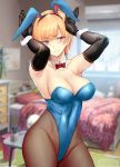  1girl animal_ears armpits arms_up bangs bare_shoulders bed black_gloves blonde_hair blue_leotard blurry blurry_background blush bow bowtie breasts bunny_ears bunny_girl bunny_tail bunnysuit cleavage collarbone commentary_request covered_navel cowboy_shot day detached_collar detached_sleeves elbow_gloves eyebrows_visible_through_hair fake_animal_ears fake_tail fine_fabric_emphasis fishnet_legwear fishnets gentsuki gloves groin hairband head_tilt highleg highleg_leotard highres indoors large_breasts leotard looking_at_viewer orange_eyes original pantyhose red_neckwear revision shiny shiny_clothes sidelocks solo strapless strapless_leotard table tail tsurime window wrist_cuffs 