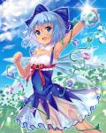  1girl adapted_costume animal arm_up armpits ayane_yui bandeau bangs bare_arms bare_shoulders blue_bow blue_dress blue_eyes blue_flower blue_hair blue_sky blush bow breasts cirno clenched_hand cloud commentary_request day detached_collar dress eyebrows_visible_through_hair fang feet_out_of_frame flower frills frog frozen frozen_frog hair_between_eyes hair_bow hand_up highres holding holding_animal ice ice_wings looking_at_viewer open_mouth outdoors plant purple_flower red_ribbon ribbon see-through short_hair sky small_breasts solo sparkle strap_slip sunflower tan tanned_cirno thighs touhou vines wings 