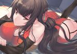  1girl bangs bare_shoulders black_legwear blunt_bangs blush breasts brown_hair china_dress chinese_clothes chung_cthemax cleavage detached_sleeves dress dsr-50_(girls_frontline) eyebrows_visible_through_hair feet_up flower garter_straps girls_frontline hair_flower hair_ornament highres large_breasts long_hair looking_at_viewer lying on_stomach red_dress red_eyes red_flower sidelocks smile solo thighhighs thighs very_long_hair 