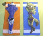  2019 anthro beach beach_towel bikini canid canine clothing duo elane_(bloodline) ember_(bloodline) female fur hi_res jewelry lying mammal multicolored_fur necklace on_back on_front outside seaside swimwear two_tone_fur w0lfmare 