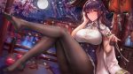  1girl azuma_(azur_lane) azur_lane bangs black_hair black_legwear blush bra_through_clothes breasts bridge brown_eyes buttons commentary corset cup double-breasted eyebrows_visible_through_hair flower full_moon hair_between_eyes hair_ornament hairclip hand_on_own_cheek highres holding holding_cup huge_breasts indoors jacket_on_shoulders lantern large_breasts leg_up long_hair looking_at_viewer moon night no_shoes open_mouth pantyhose petals red_flower shirt sidelocks sitting skirt sleeveless sleeveless_shirt smile solo taut_clothes taut_shirt water white_coat white_shirt wind wind_chime zjsstc 
