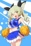  1girl anchovy blush cheerleader drill_hair eyebrows_visible_through_hair girls_und_panzer green_hair hair_ribbon highres jinguu_(4839ms) layered_skirt long_hair looking_at_viewer midriff navel open_mouth pom_poms red_eyes ribbon thigh_gap twin_drills twintails 