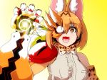  animal_ears bow bowtie commentary_request elbow_gloves gauntlets gloves isuna kemono_friends parody print_gloves print_neckwear scryed serval_(kemono_friends) serval_ears serval_print shell_bullet shirt sleeveless sleeveless_shirt 