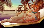  areola armlet beach blue_eyes bracelet breasts brown_fur brown_markings brown_nose brown_spots brown_stripes chair detailed_background doggadee domestic_cat egyptian egyptian_mau fangs felid feline felis female fur hair hi_res jewelry lounge_chair lying mammal markings necklace nipples outside palm_tree pink_nipples pubes seaside slightly_chubby slit_pupils solo spots spotted_fur stripes tan_belly tan_fur tan_markings tan_spots tan_stripes tassels tree voluptuous 
