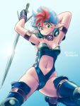  2017 action_pose anime armor blue_hair breasts camel_toe clothed clothing elf english_text female fingerless_gloves gloves green_eyes hair headband holding_object holding_weapon humanoid looking_at_viewer melee_weapon moka_(ozanari_dungeon) navel not_furry ozanari_dungeon pose red_hair solo sword tamanegiinyo text unconvincing_armor weapon 