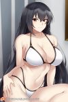  1girl aslindsamure bangs bare_shoulders bikini black_hair blush breasts cleavage closed_mouth collarbone hair_between_eyes highres kantai_collection large_breasts long_hair looking_at_viewer multi-strapped_bikini nagato_(kantai_collection) navel red_eyes smile solo swimsuit thighs white_bikini 