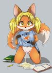  2019 absurd_res anthro canid canine clothing cub digital_media_(artwork) female fox fur hair hi_res mammal peeing pigtails pussy raveneevee simple_background smile solo urine watersports young 